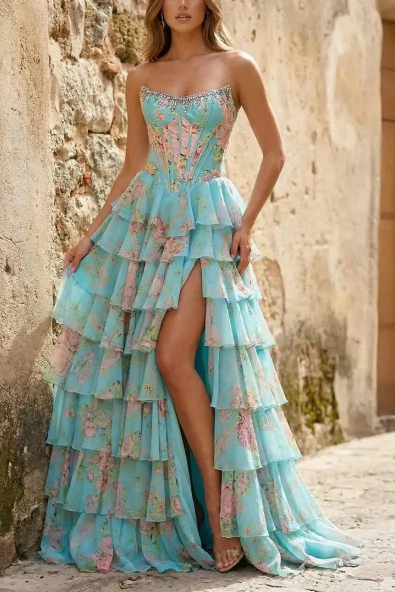 A KAIDRESS floral chiffon A-line prom dress with ruffles, beading, scoop neckline, and aqua color, perfect for formal occasions.