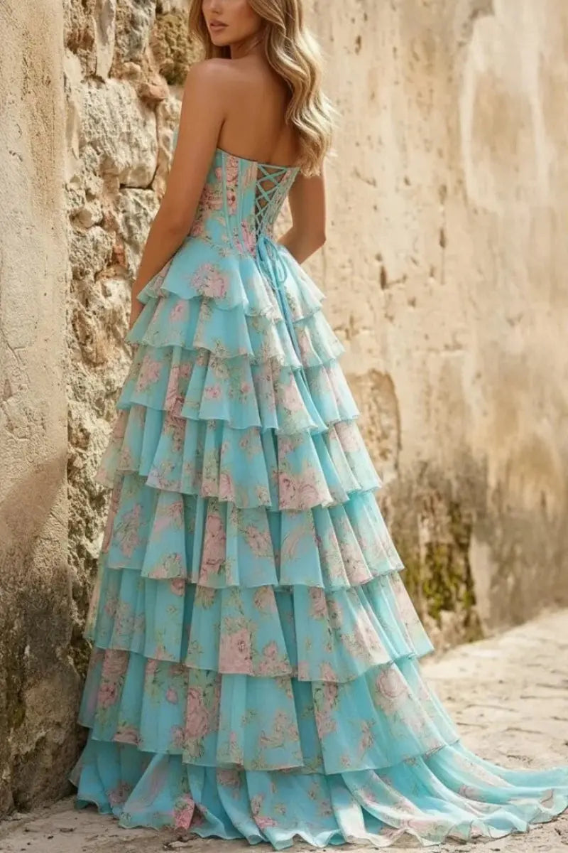 Aqua A-line floral chiffon prom dress with ruffled design and beading detail, by KAIDRESS, featuring a scoop neckline and elegant style.