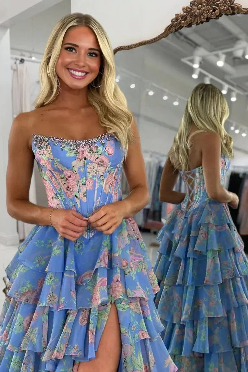 Noley blue A-line floral chiffon prom dress by KAIDRESS with ruffles and beading, featuring a scoop neckline and elegant design.