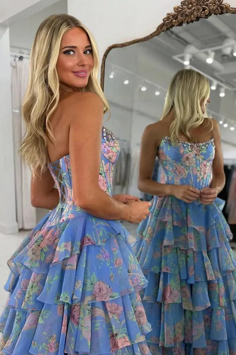 Noley blue A-line floral chiffon prom dress with ruffles, scoop neck, and beading details by KAIDRESS