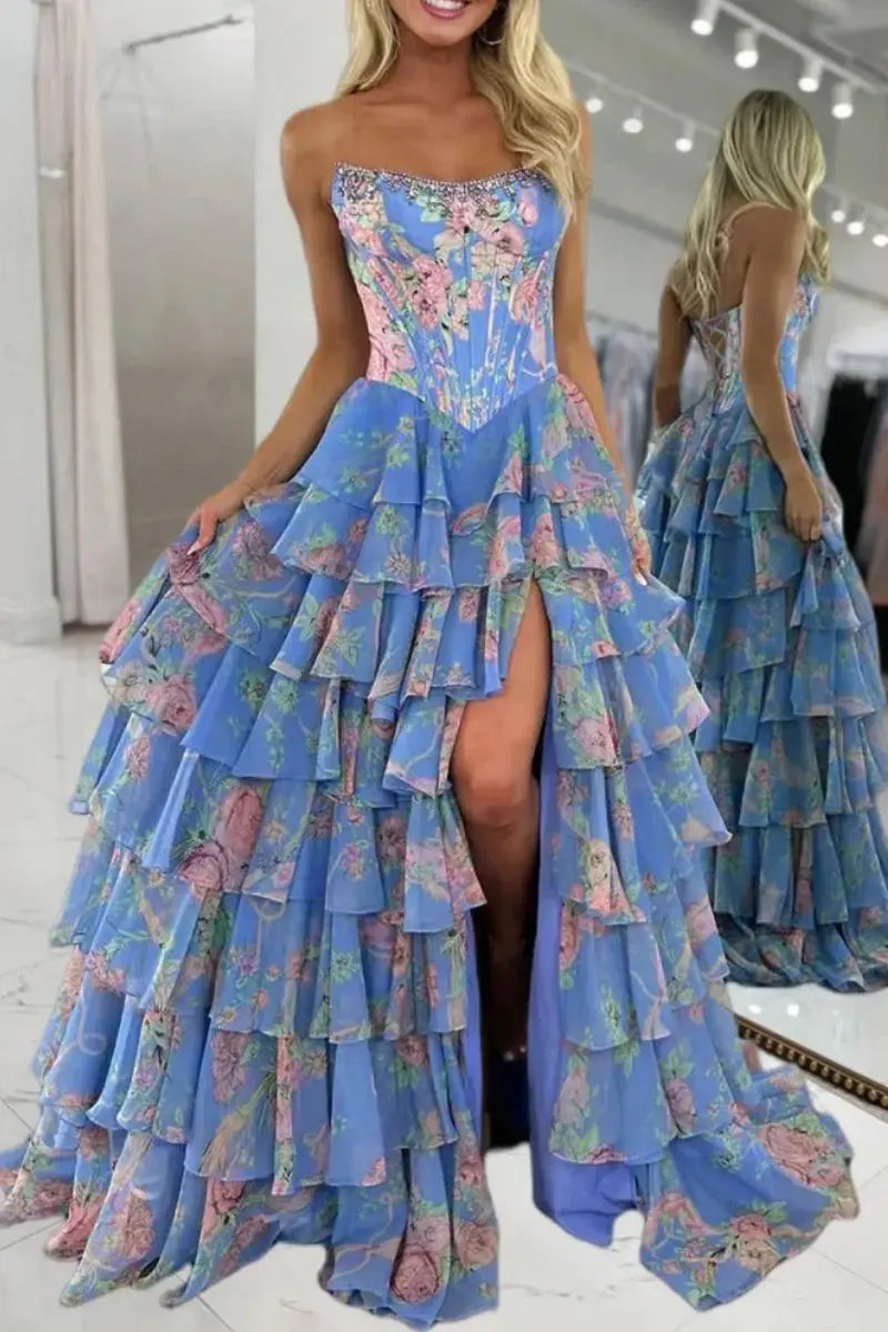 Noley blue A-line floral chiffon prom dress with ruffles, scoop neck, and beaded accents, by KAIDRESS.