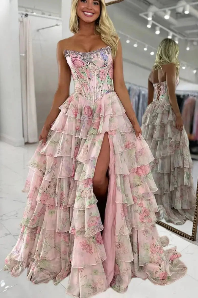 Noley pink A-line floral chiffon prom dress by KAIDRESS with ruffles and beaded accents, featuring a scoop neckline.