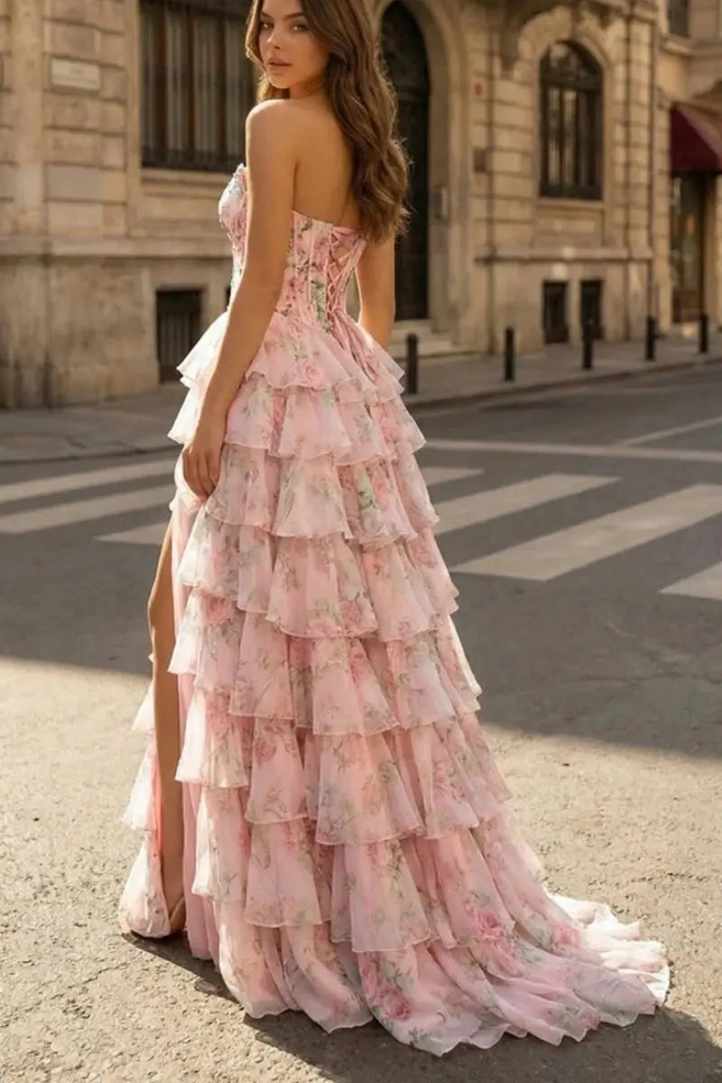Noley pink A-line floral chiffon prom dress with ruffles and beading, scoop neckline, elegant and feminine design by KAIDRESS