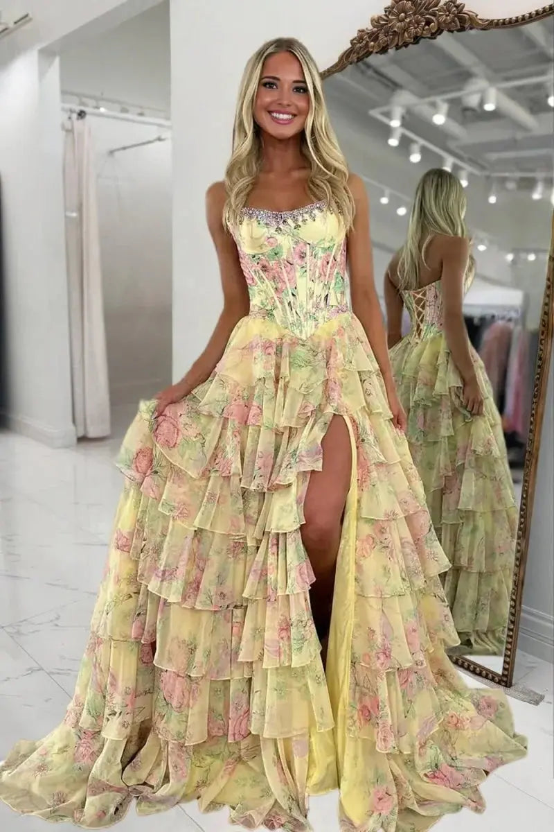 Noley yellow A-line floral chiffon prom dress with ruffles and beading, featuring a scoop neckline and elegant design.