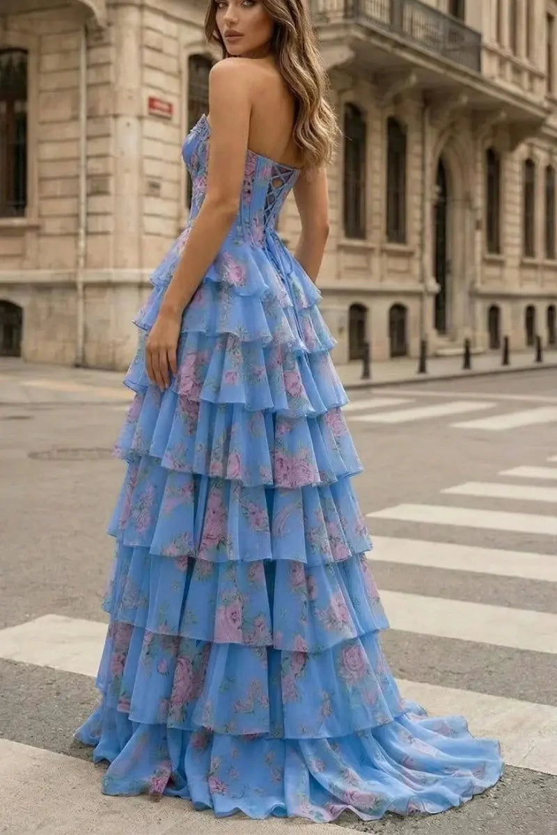 Periwinkle A-line floral chiffon prom dress with ruffles and beading, featuring a scoop neck and elegant design by KAIDRESS.