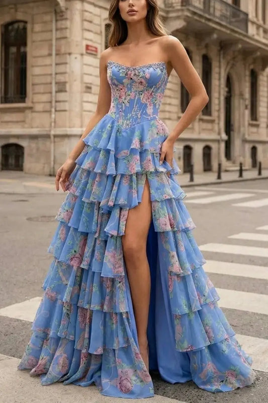 Periwinkle KAIDRESS A-line floral chiffon prom dress with ruffles, beading, scoop neck, perfect for elegant evening events.