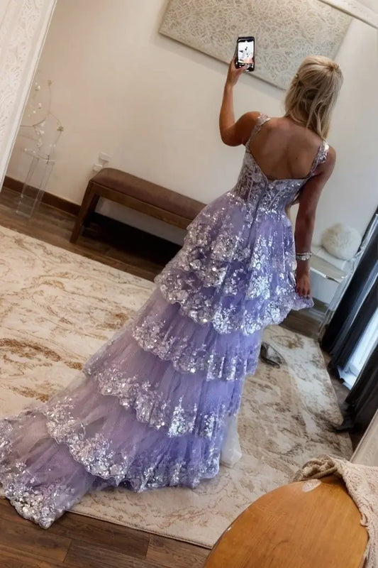 A Line Off the Shoulder Corset Prom Dresses with Lace Ruffles