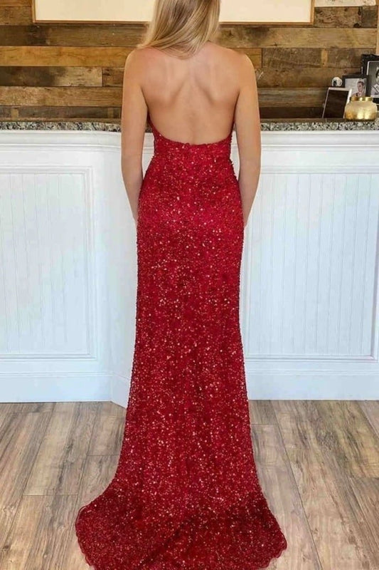 Sheath/Column V Neck Sleeveless Court Train Velvet Sequins Prom Dresses With Split