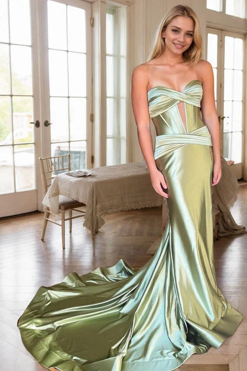 Green Silk Strapless Mermaid Prom Dresses Long Formal Evening Gown with Slit