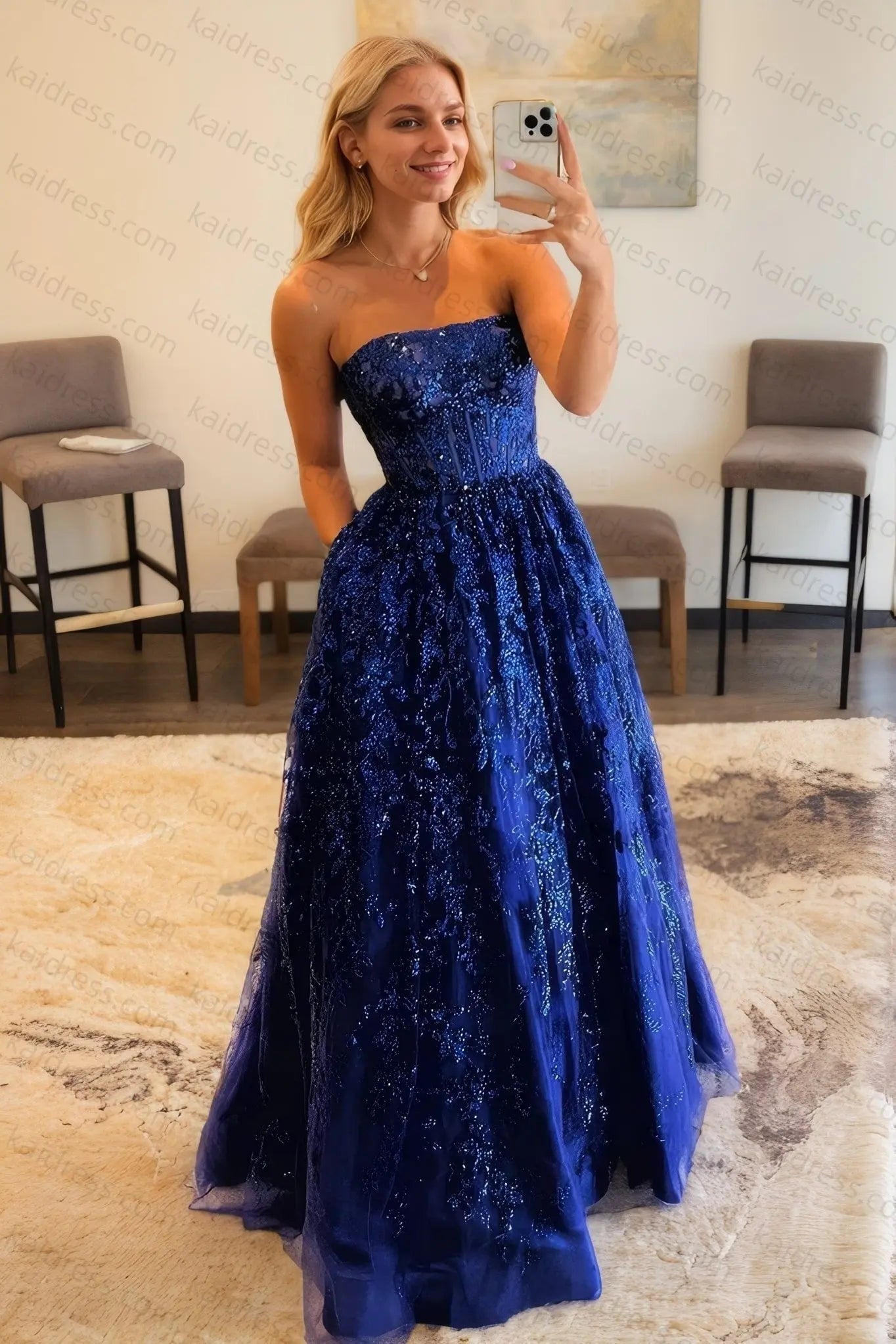 A-line Bateau Strapless Long/Floor-Length Lace Prom Dresses With Pockets Special Occasion Dresses - KAIDRESS