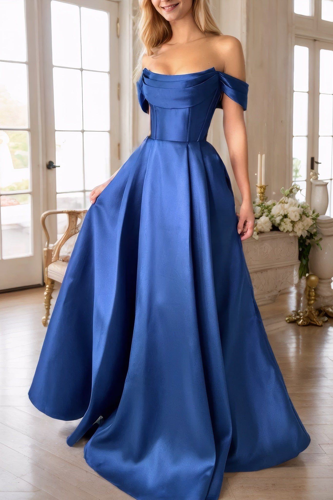 A-Line Satin Long Prom Dress, Simple Off the Shoulder Evening Party Dress With Pockets