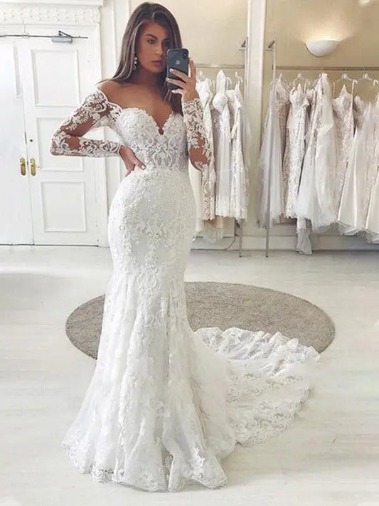 Trumpet/Mermaid Tulle Applique Off-the-Shoulder Long Sleeves Chapel Train Wedding Dresses-0