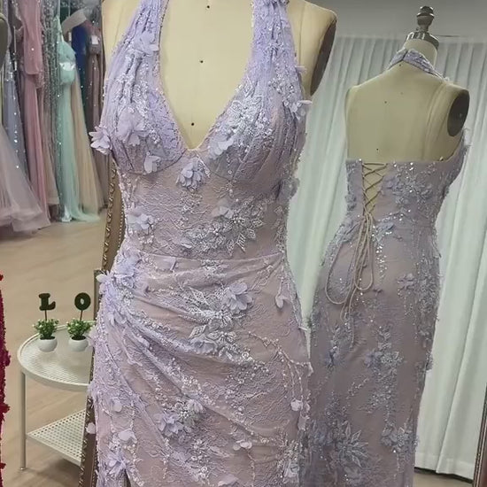 Lace Sage Green 3D Floral Halter Sheath Long Formal Gowns With Slit