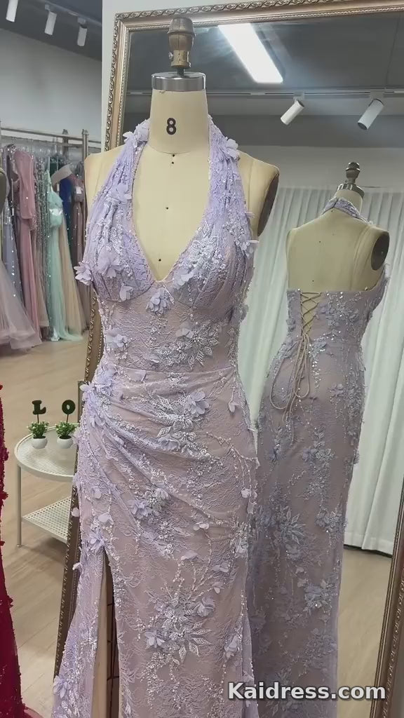 Lace Sage Green 3D Floral Halter Sheath Long Formal Gowns With Slit
