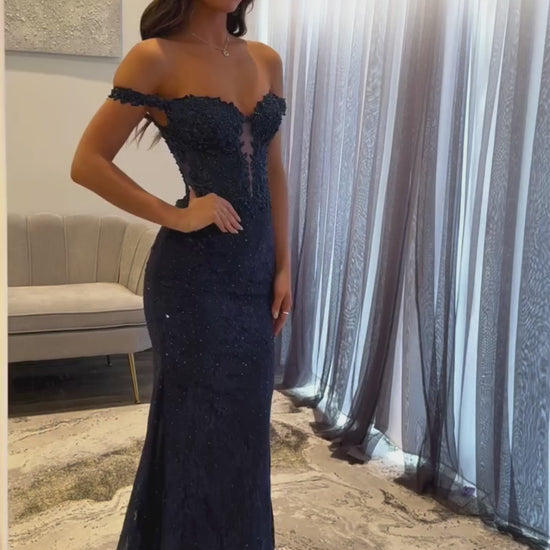 Mermaid Off the Shoulder Navy Lace Prom Dresses Long Evening Dresses