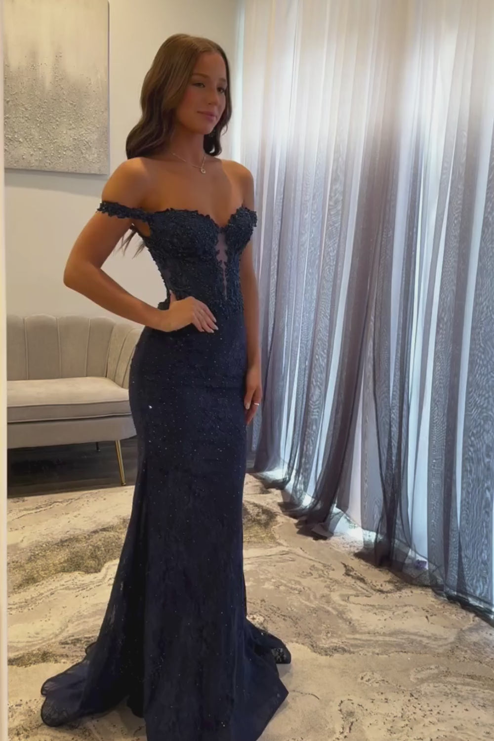 Mermaid Off the Shoulder Navy Lace Prom Dresses Long Evening Dresses
