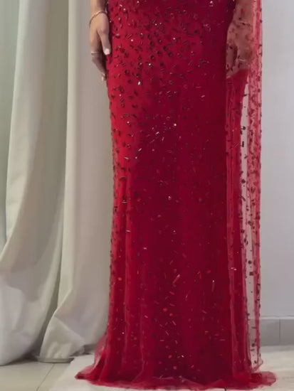 Luxury Red Crystal Beaded Mermaid Evening Dress Long Sweetheart Gowns with Slits
