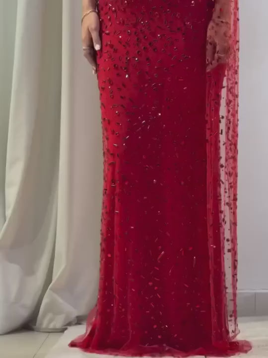 Luxury Red Crystal Beaded Mermaid Evening Dress Long Sweetheart Gowns with Slits