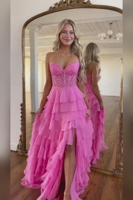 A-line/Princess Chiffon Fuchsia Sweetheart Tiered Ruffles Prom Dress with Slit Applique
