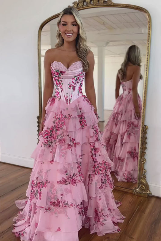 A-Line/Princess Floral Blush Tiered Chiffon Long Corset Prom Dress with Slit
