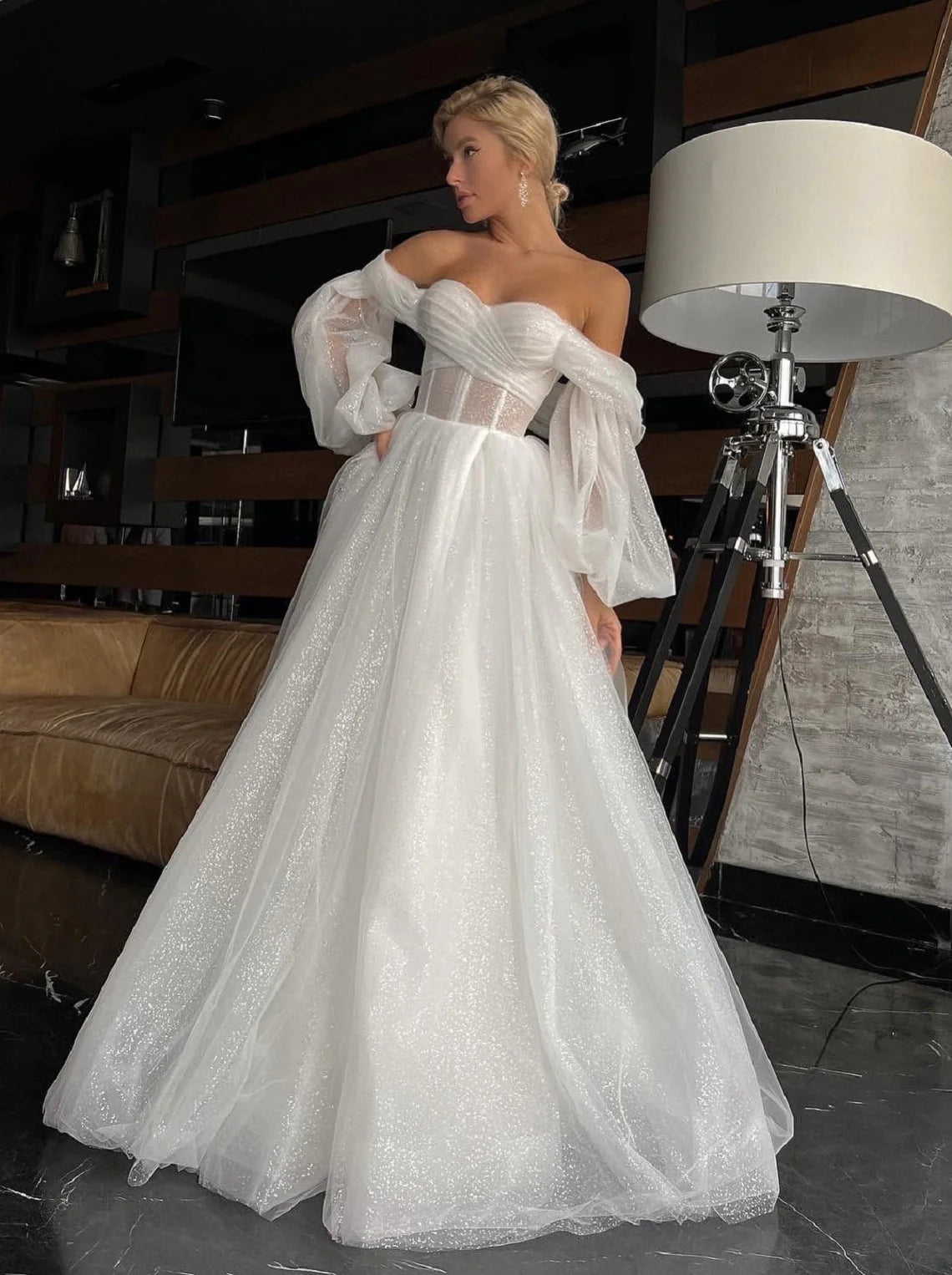 A-Line/Princess Tulle Ruched Off-the-Shoulder Long Sleeves Sweep/Brush Train Dresses